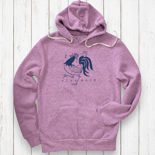 Uni-T unisex eco-fleece pullover hoodie in heathered purple with a drawstring hood and front kangaroo pocket.