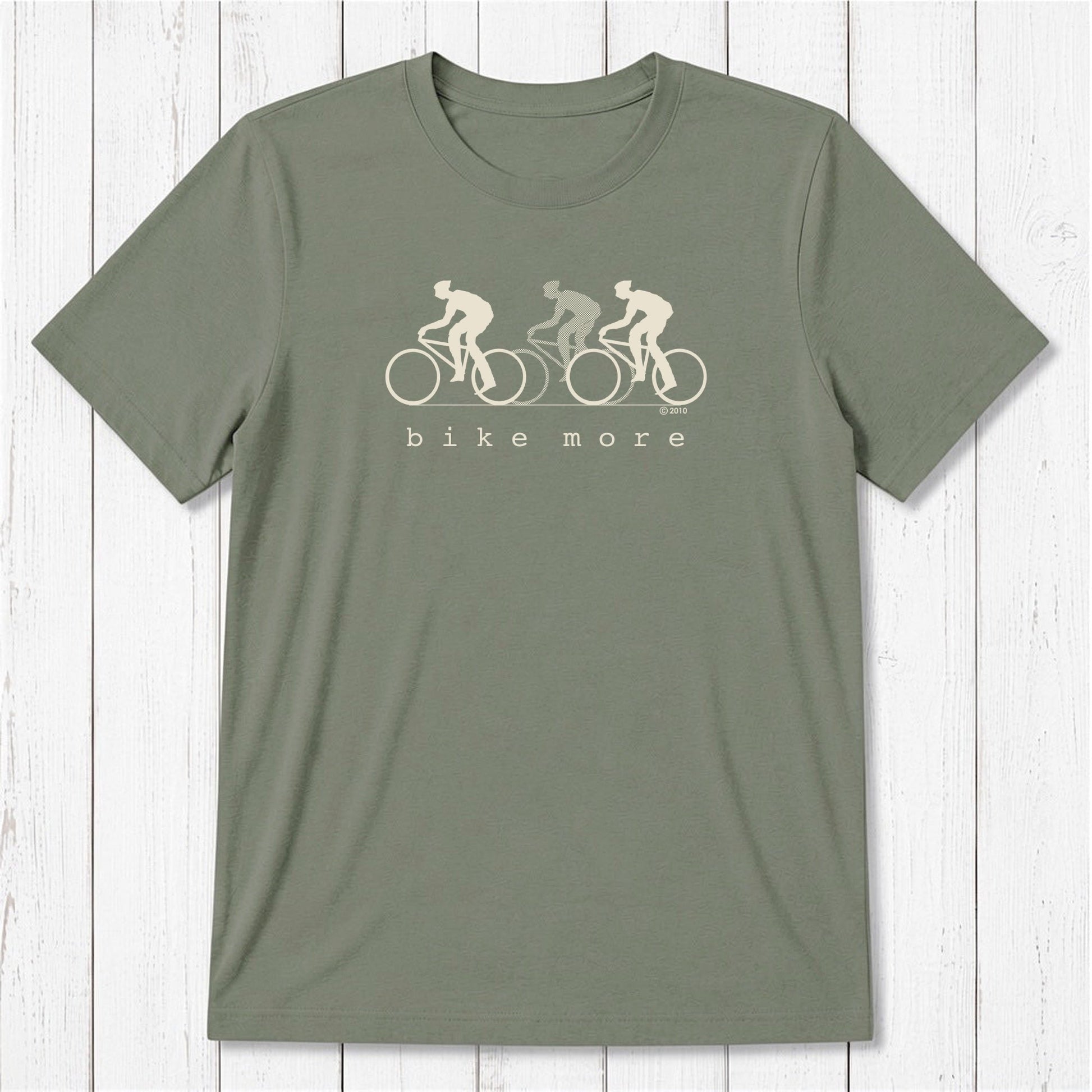 Olive green Men's Bicycle T-Shirt in Bamboo & Organic Cotton with white 'Bike More' cycling graphic, eco-friendly activewear gift for him.