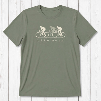 Olive green Men's Bicycle T-Shirt in Bamboo & Organic Cotton with white 'Bike More' cycling graphic, eco-friendly activewear gift for him.