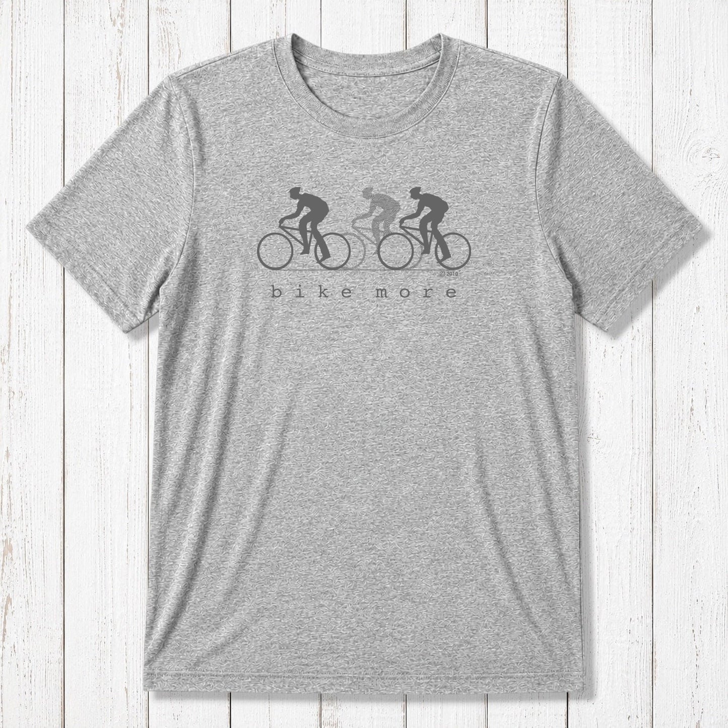 Light grey Men's Bicycle T-Shirt in Bamboo & Organic Cotton with dark 'Bike More' cycling graphic, breathable and soft activewear top.