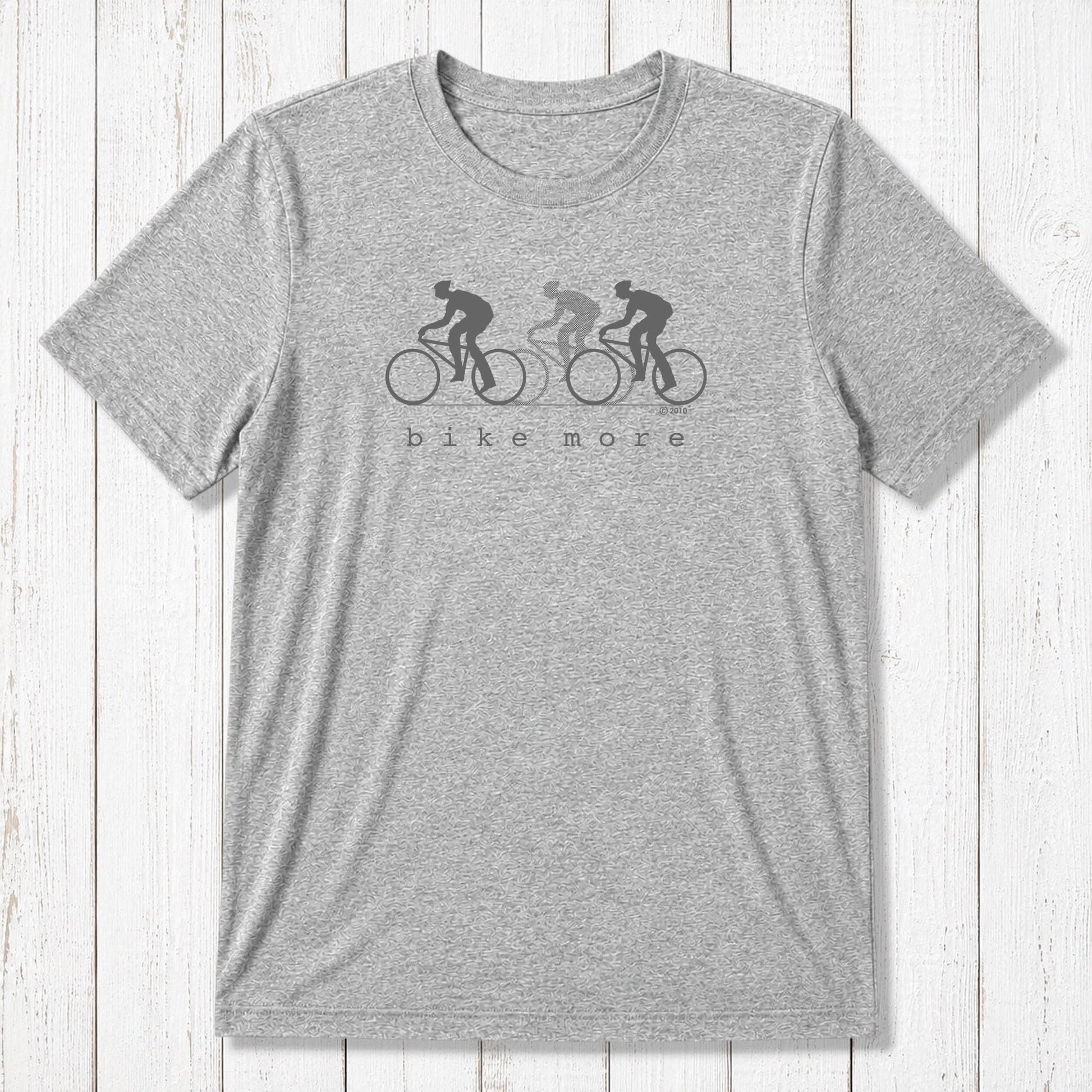 Light grey Men's Bicycle T-Shirt in Bamboo & Organic Cotton with dark 'Bike More' cycling graphic, breathable and soft activewear top.