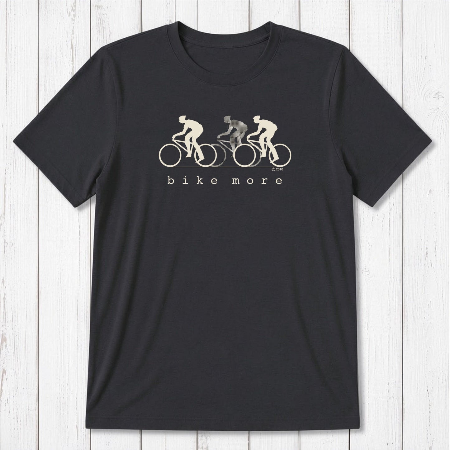 Charcoal black Men's Bicycle T-Shirt in Bamboo & Organic Cotton with cream 'Bike More' cyclist print, classic fit tee for outdoor enthusiasts.