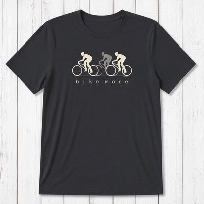 Charcoal black Men's Bicycle T-Shirt in Bamboo & Organic Cotton with cream 'Bike More' cyclist print, classic fit tee for outdoor enthusiasts.