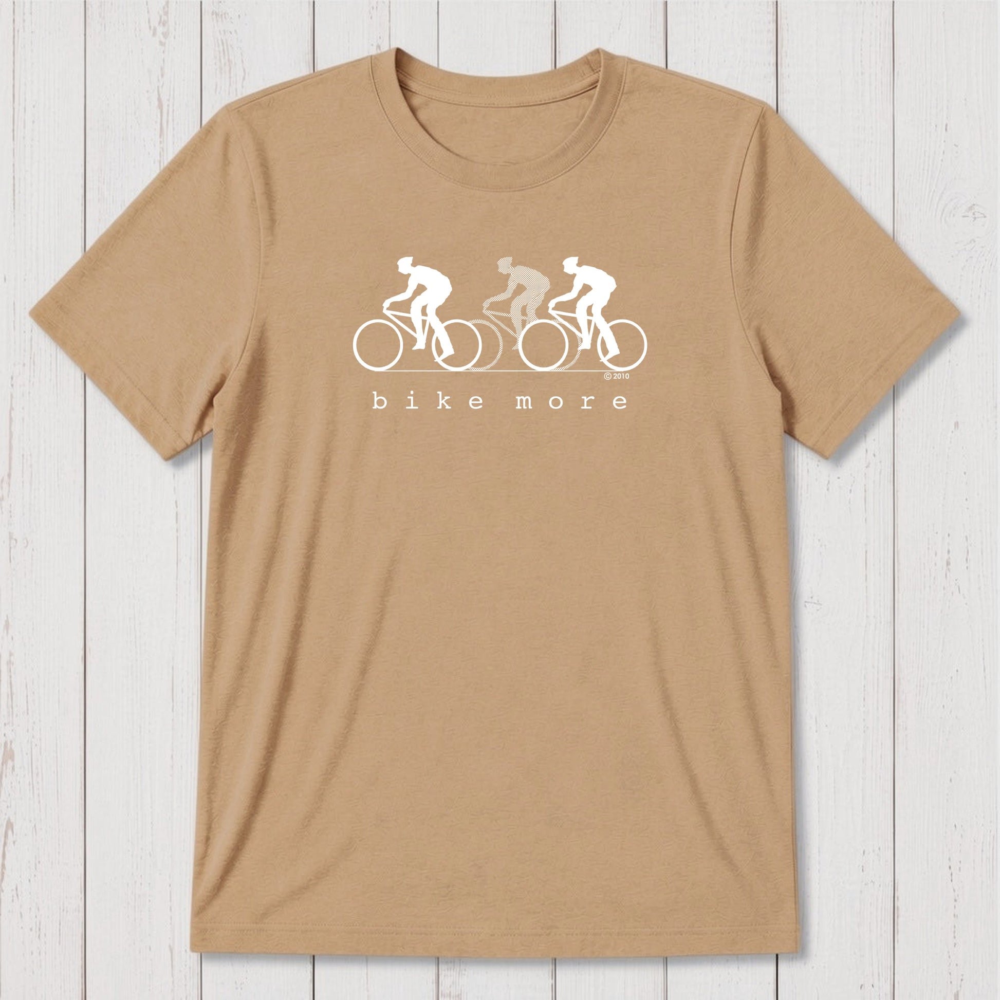 Tan Men's Bicycle T-Shirt in Bamboo & Organic Cotton with maroon 'Bike More' cycling graphic, stylish and eco-conscious gift for him.