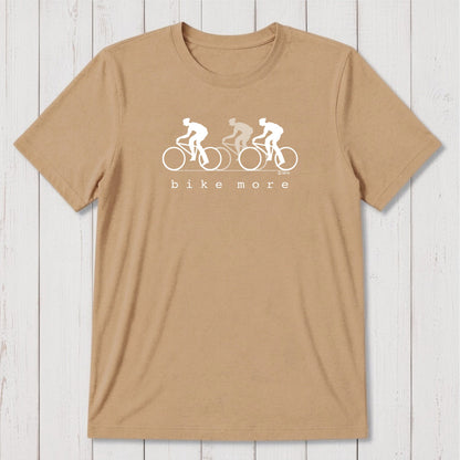 Tan Men's Bicycle T-Shirt in Bamboo & Organic Cotton with maroon 'Bike More' cycling graphic, stylish and eco-conscious gift for him.
