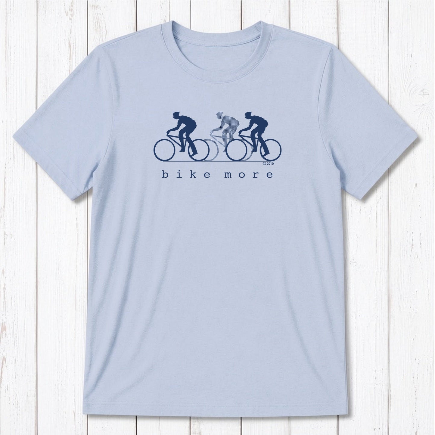 Light blue Men's Bicycle T-Shirt in Bamboo & Organic Cotton with black 'Bike More' cyclist design, perfect for casual rides and workouts.
