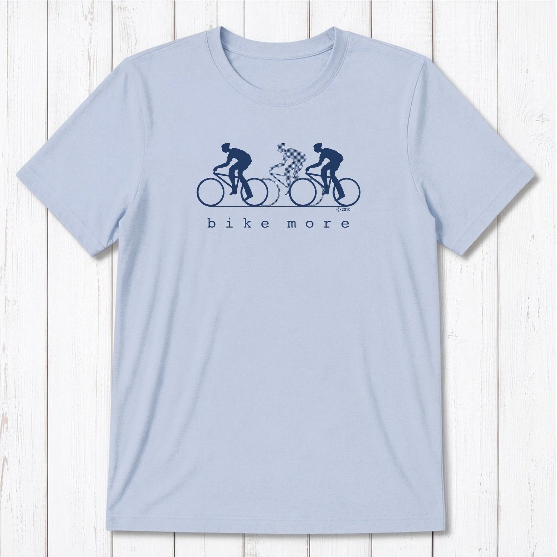 Light blue Men's Bicycle T-Shirt in Bamboo & Organic Cotton with black 'Bike More' cyclist design, perfect for casual rides and workouts.