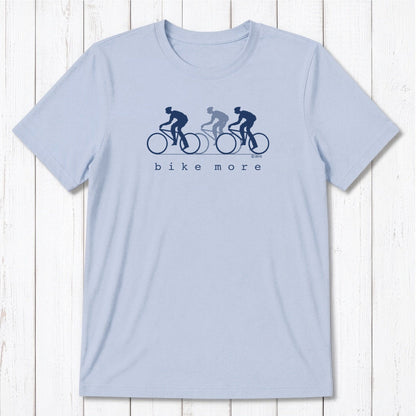 Light blue Men's Bicycle T-Shirt in Bamboo & Organic Cotton with black 'Bike More' cyclist design, perfect for casual rides and workouts.