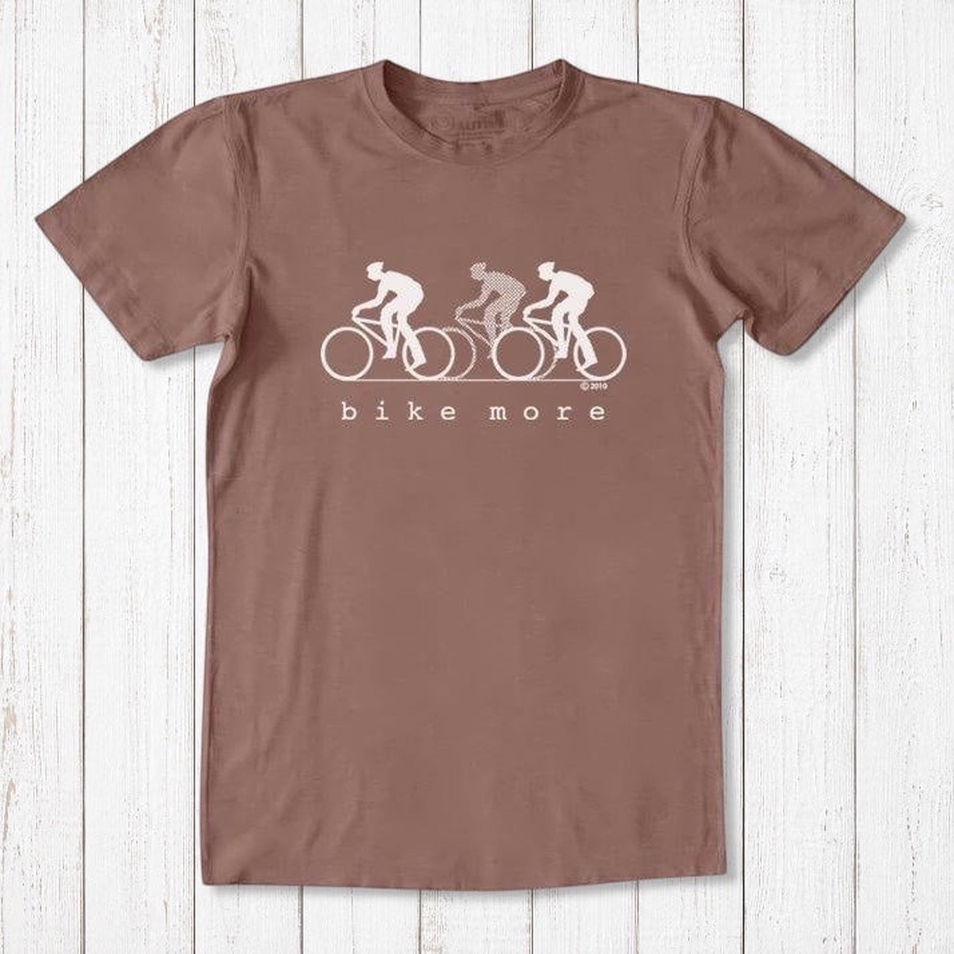 Brown Men's Bicycle T-Shirt in Bamboo & Organic Cotton with white 'Bike More' cycling graphic, soft and breathable tee for active men.