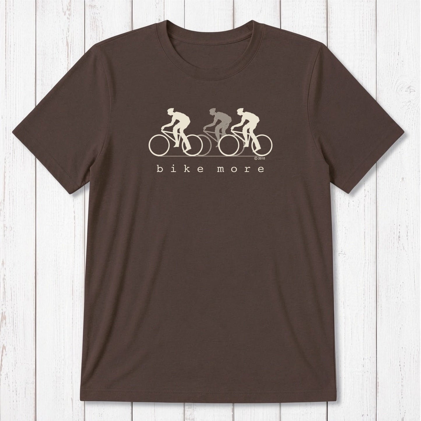 Dark brown Men's Bicycle T-Shirt in Bamboo & Organic Cotton with white 'Bike More' cyclist print, sustainable and stylish activewear top.