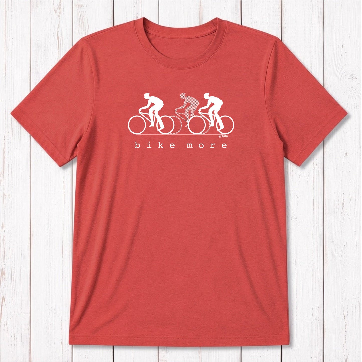 Red Men's Bicycle T-Shirt in Bamboo & Organic Cotton with white 'Bike More' cycling graphic, great eco-friendly gift for cycling fans.