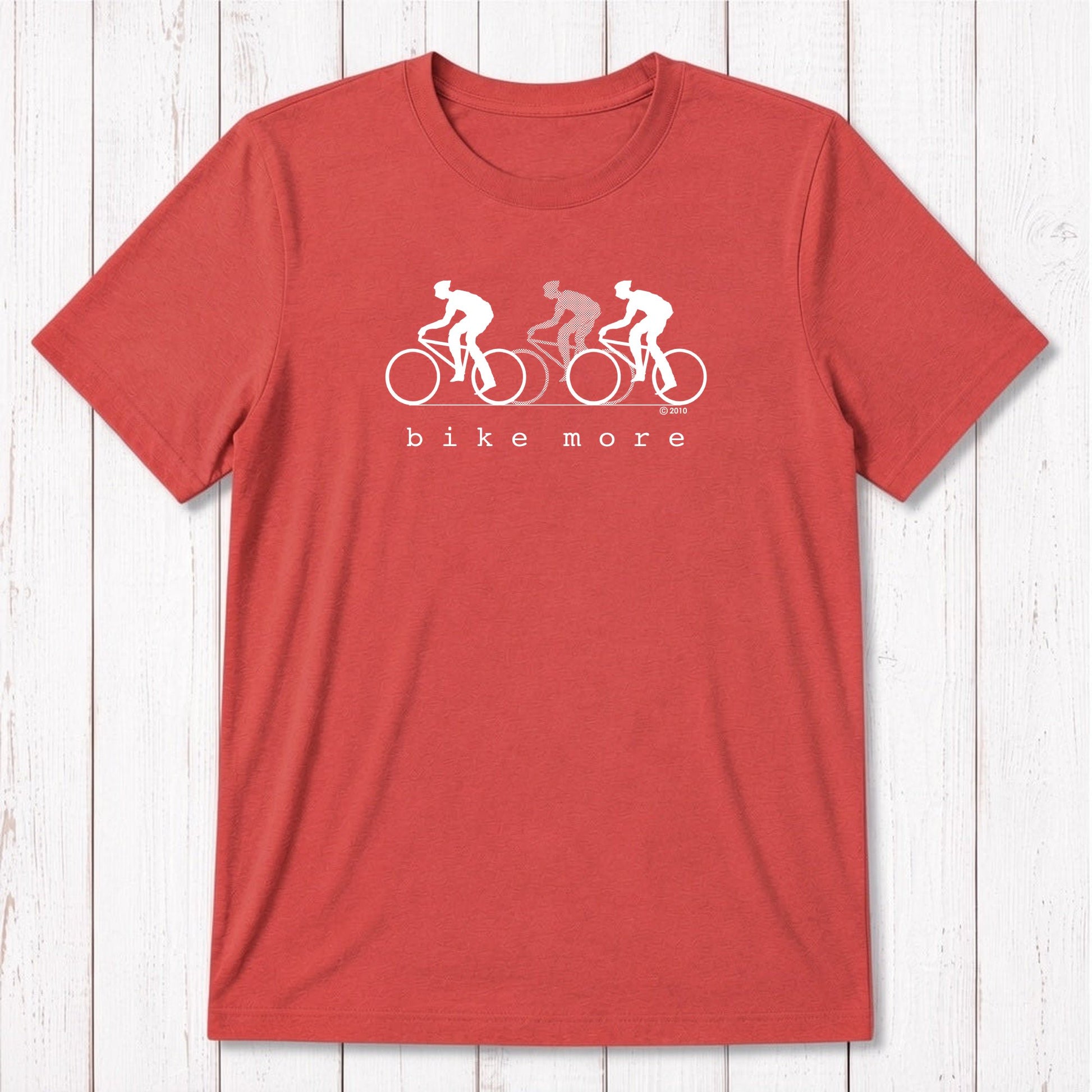 Red Men's Bicycle T-Shirt in Bamboo & Organic Cotton with white 'Bike More' cycling graphic, great eco-friendly gift for cycling fans.