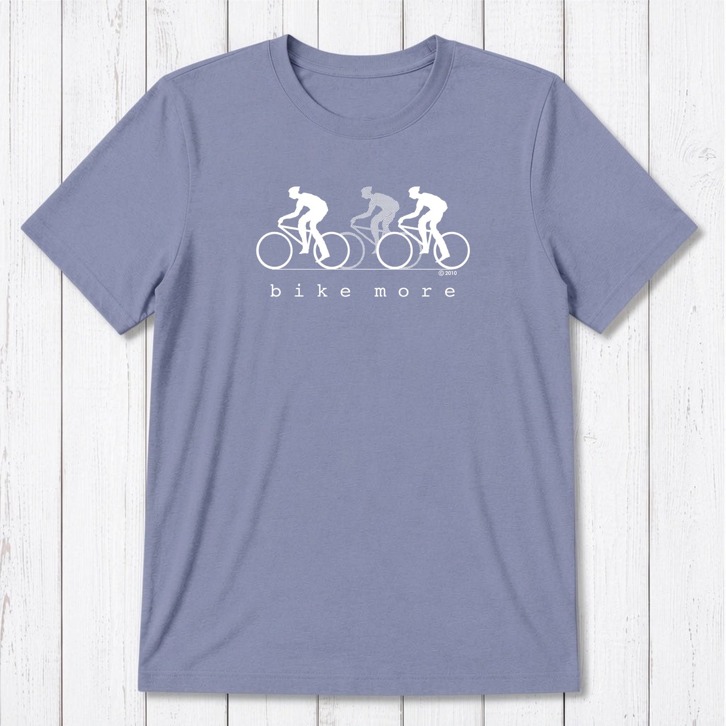 Lavender Men's Bicycle T-Shirt in Bamboo & Organic Cotton with white 'Bike More' cyclist design, soft and breathable fitness tee for men.