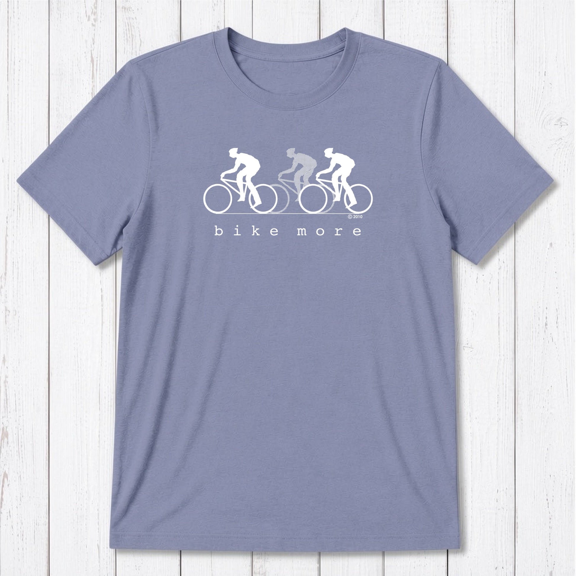 Lavender Men's Bicycle T-Shirt in Bamboo & Organic Cotton with white 'Bike More' cyclist design, soft and breathable fitness tee for men.