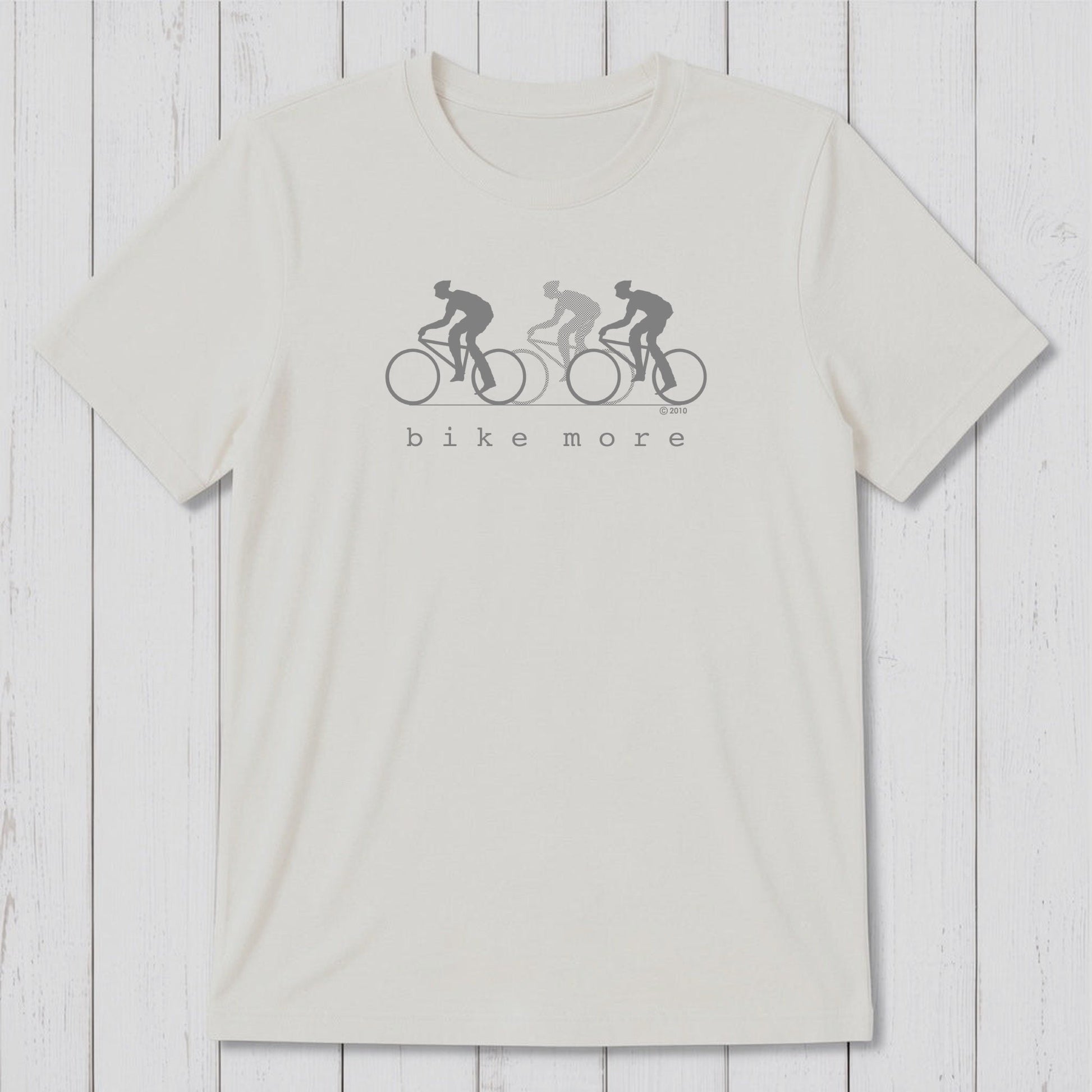 White Men's Bicycle T-Shirt in Bamboo & Organic Cotton with black 'Bike More' cycling graphic, classic fit tee for eco-conscious cyclists.
