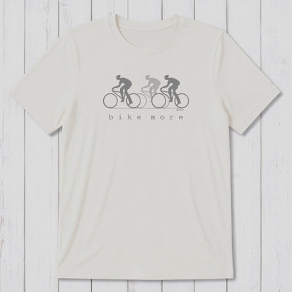 White Men's Bicycle T-Shirt in Bamboo & Organic Cotton with black 'Bike More' cycling graphic, classic fit tee for eco-conscious cyclists.