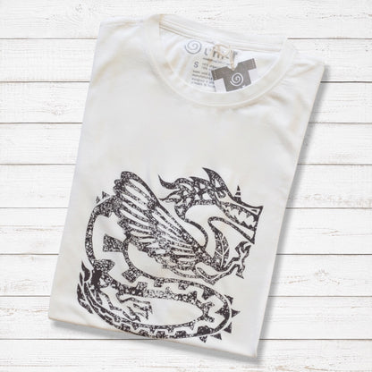 Men's Dragon T-Shirt in Bamboo & Organic Cotton, folded white tee with black Ancient Dragon graphic, eco-friendly fantasy gift for him.