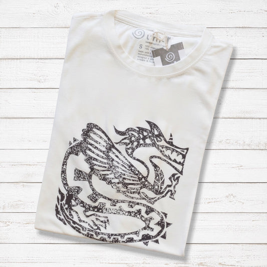 Men's Dragon T-Shirt in Bamboo & Organic Cotton, folded white tee with black Ancient Dragon graphic, eco-friendly fantasy gift for him.