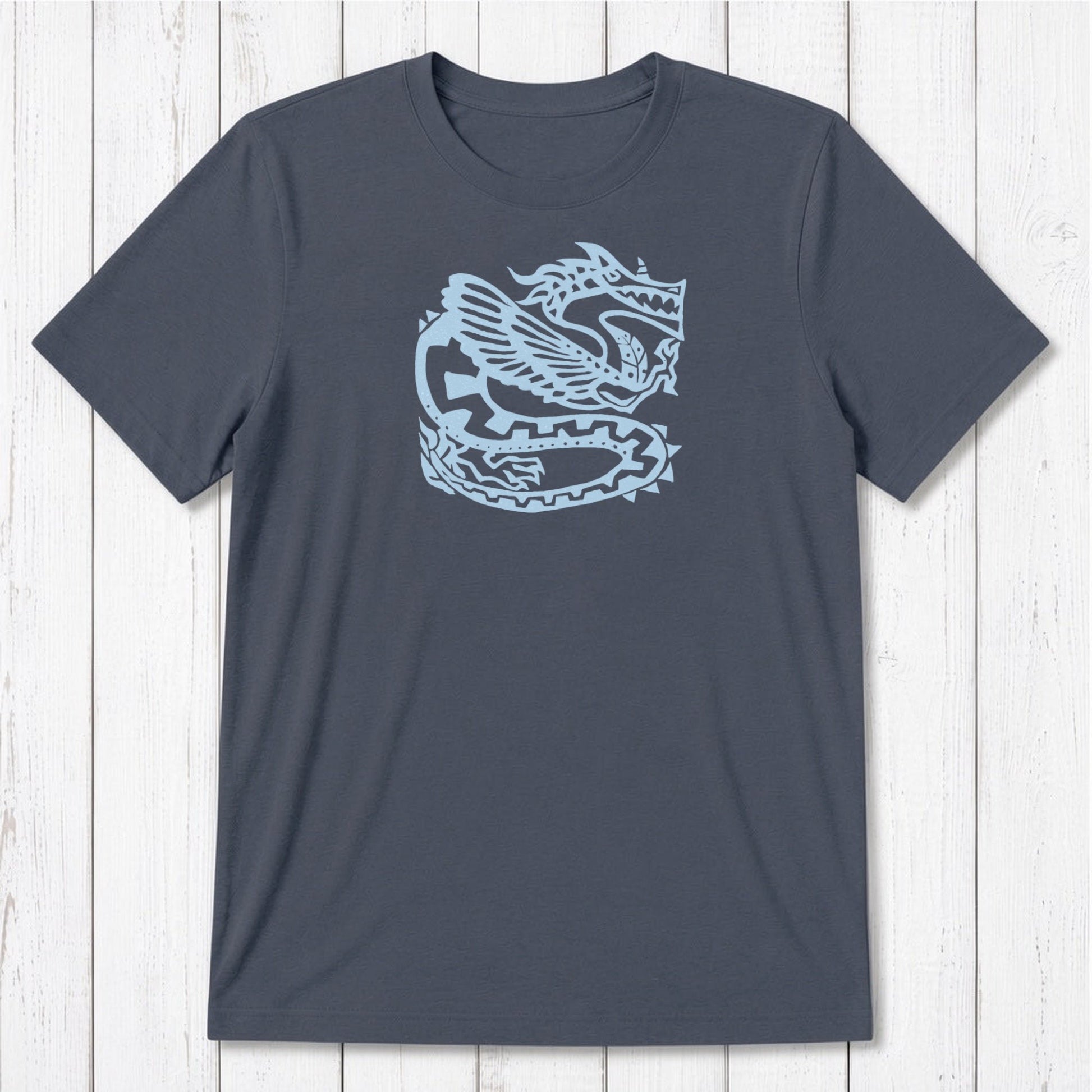 Classic fit navy blue Men's Dragon T-Shirt in Bamboo & Organic Cotton with light blue Ancient Dragon design, sustainable mythology art tee.