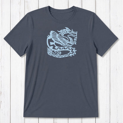 Classic fit navy blue Men's Dragon T-Shirt in Bamboo & Organic Cotton with light blue Ancient Dragon design, sustainable mythology art tee.