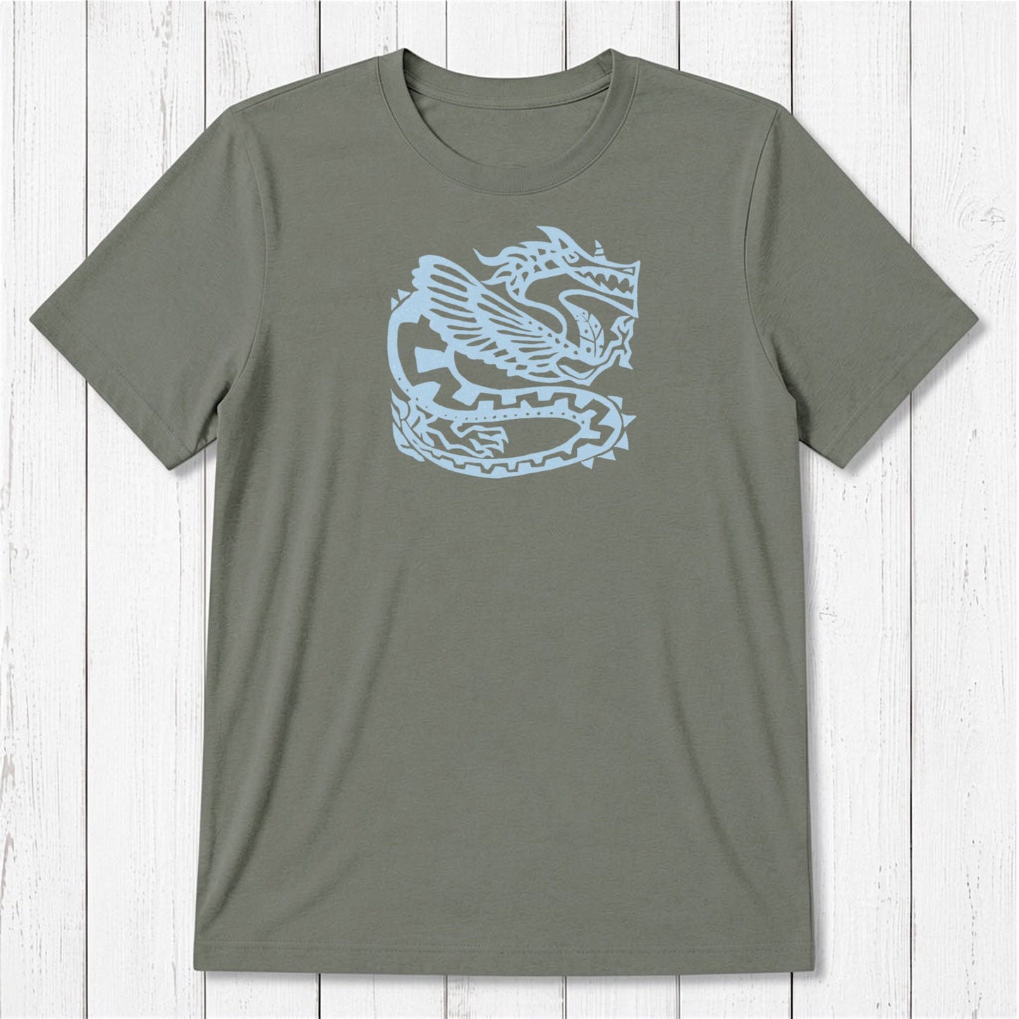 Olive green Men's Dragon T-Shirt in Bamboo & Organic Cotton featuring light blue Ancient Dragon graphic, soft eco-conscious fantasy apparel.
