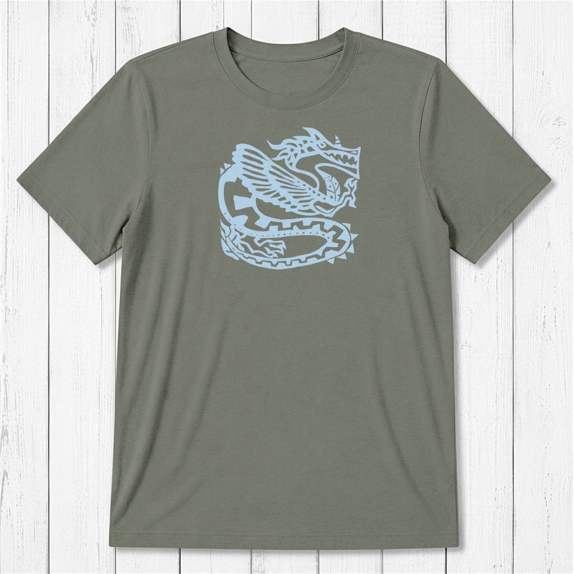 Olive green Men's Dragon T-Shirt in Bamboo & Organic Cotton featuring light blue Ancient Dragon graphic, soft eco-conscious fantasy apparel.