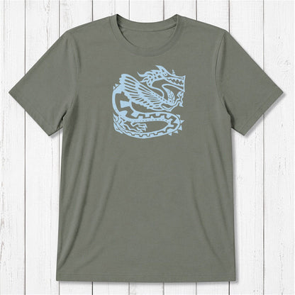 Olive green Men's Dragon T-Shirt in Bamboo & Organic Cotton featuring light blue Ancient Dragon graphic, soft eco-conscious fantasy apparel.