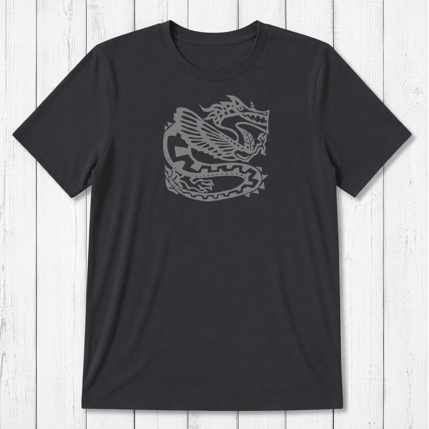 Charcoal black Men's Dragon T-Shirt in Bamboo & Organic Cotton with light blue Ancient Dragon print, stylish sustainable gift for fantasy lovers.