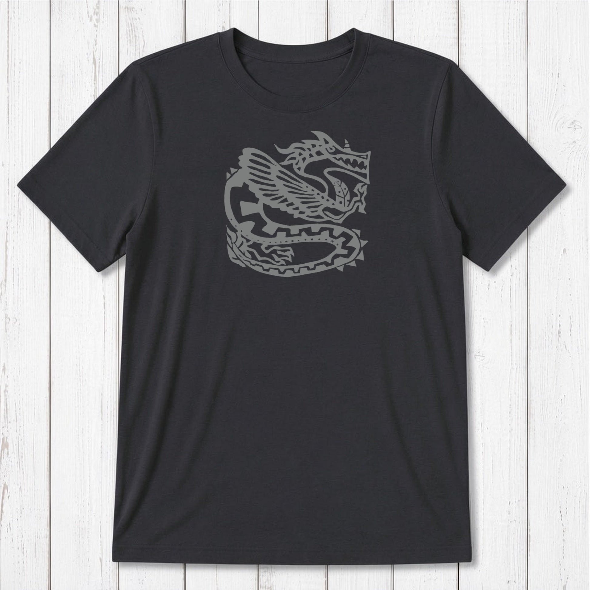 Charcoal black Men's Dragon T-Shirt in Bamboo & Organic Cotton with light blue Ancient Dragon print, stylish sustainable gift for fantasy lovers.