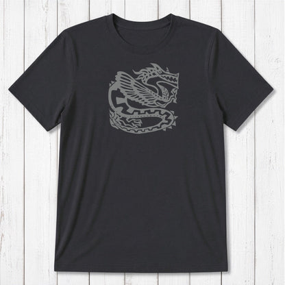 Charcoal black Men's Dragon T-Shirt in Bamboo & Organic Cotton with light blue Ancient Dragon print, stylish sustainable gift for fantasy lovers.