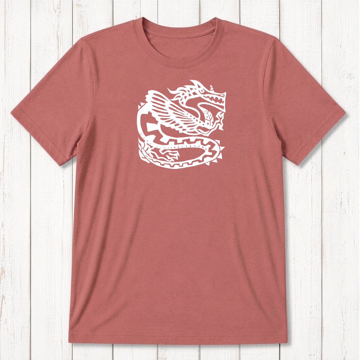 Rust red Men's Dragon T-Shirt in Bamboo & Organic Cotton with white Ancient Dragon design, fantasy-themed eco tee for men, classic fit.