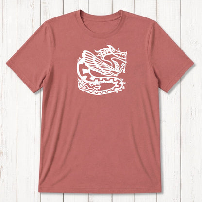 Rust red Men's Dragon T-Shirt in Bamboo & Organic Cotton with white Ancient Dragon design, fantasy-themed eco tee for men, classic fit.