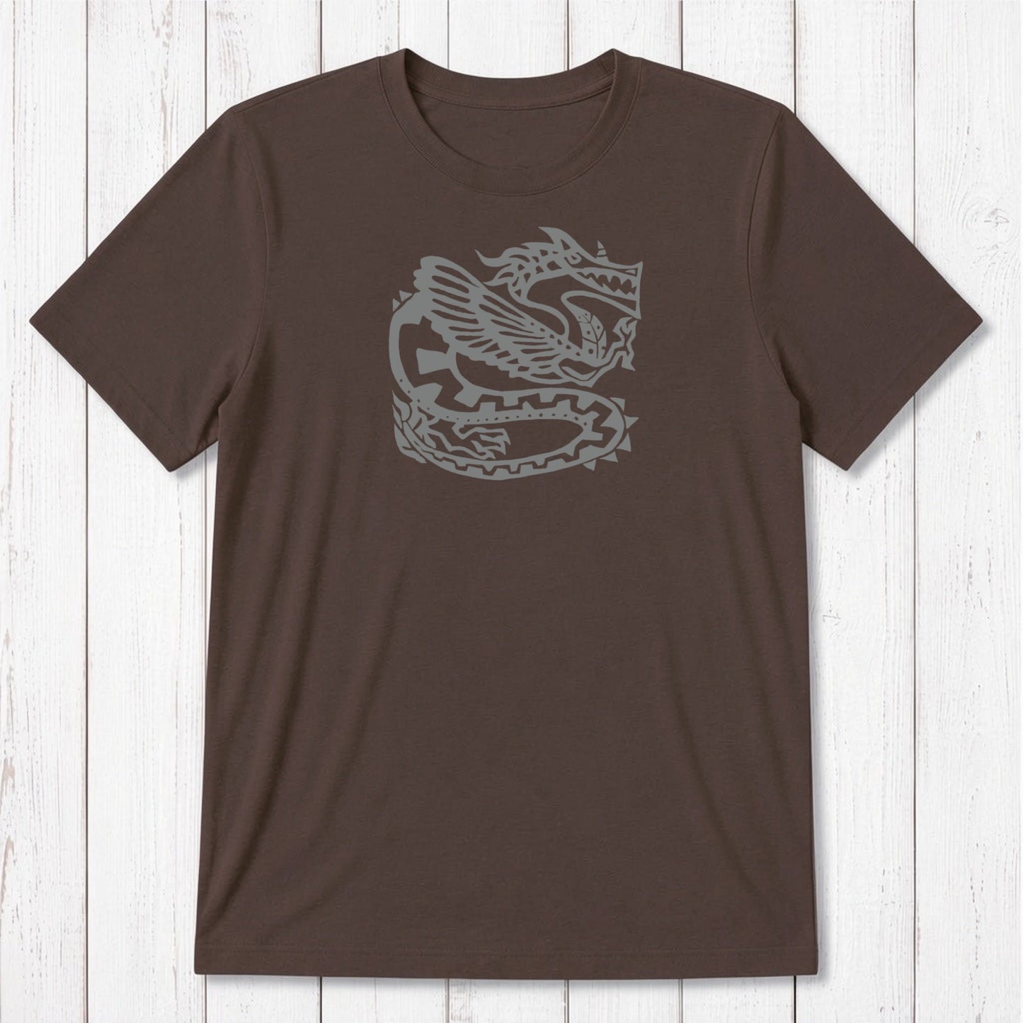 Chocolate brown Men's Dragon T-Shirt in Bamboo & Organic Cotton with dark Ancient Dragon graphic, soft sustainable fantasy gift for him.