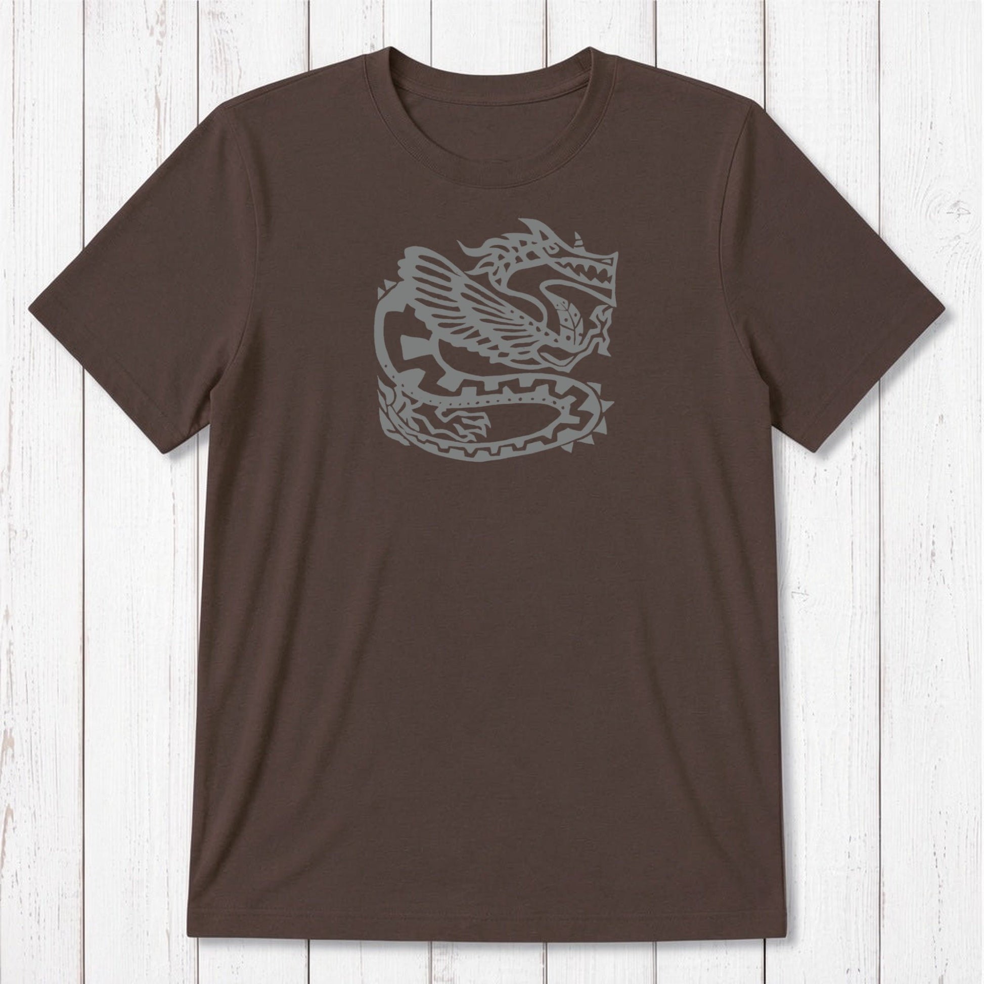 Chocolate brown Men's Dragon T-Shirt in Bamboo & Organic Cotton with dark Ancient Dragon graphic, soft sustainable fantasy gift for him.