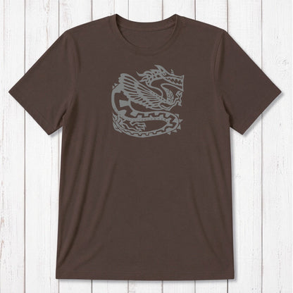 Chocolate brown Men's Dragon T-Shirt in Bamboo & Organic Cotton with dark Ancient Dragon graphic, soft sustainable fantasy gift for him.