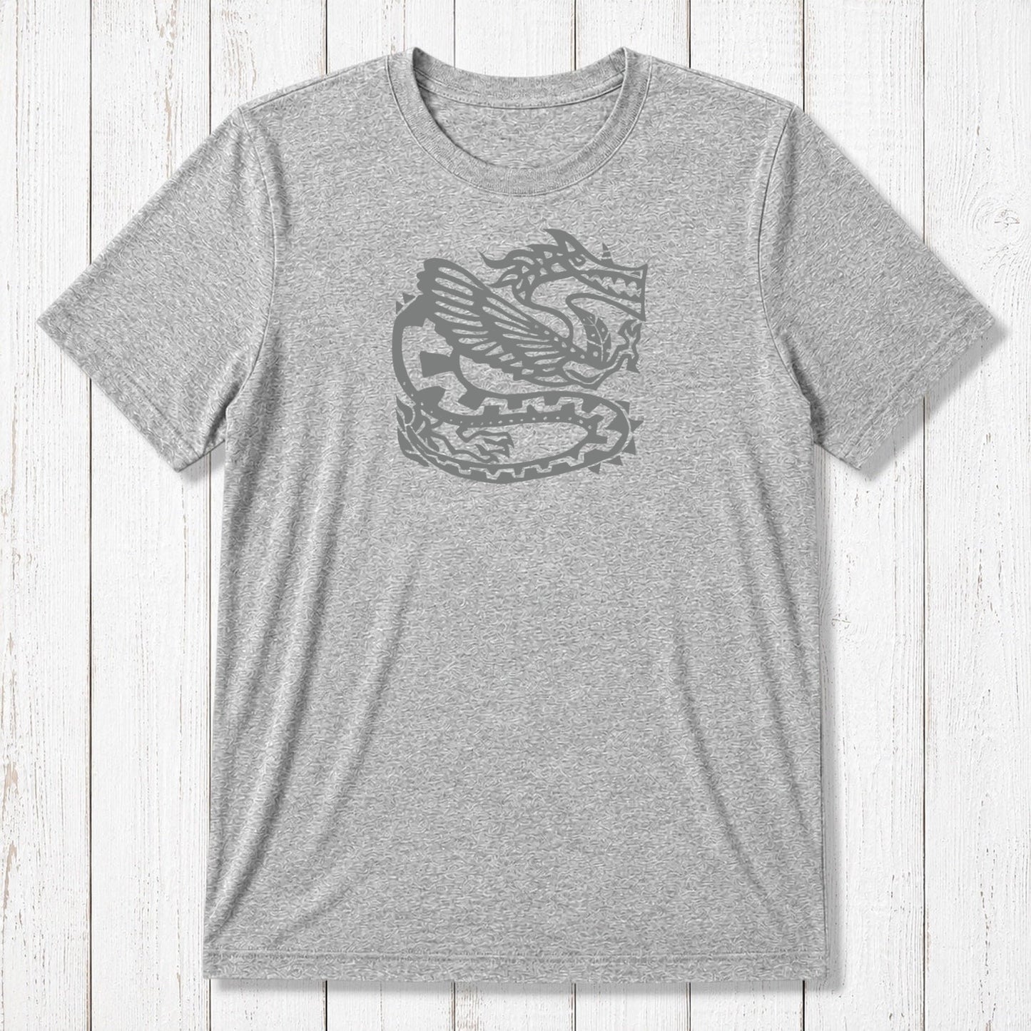 Heather gray Men's Dragon T-Shirt in Bamboo & Organic Cotton with black Ancient Dragon print, sustainable mythology art tee for men.