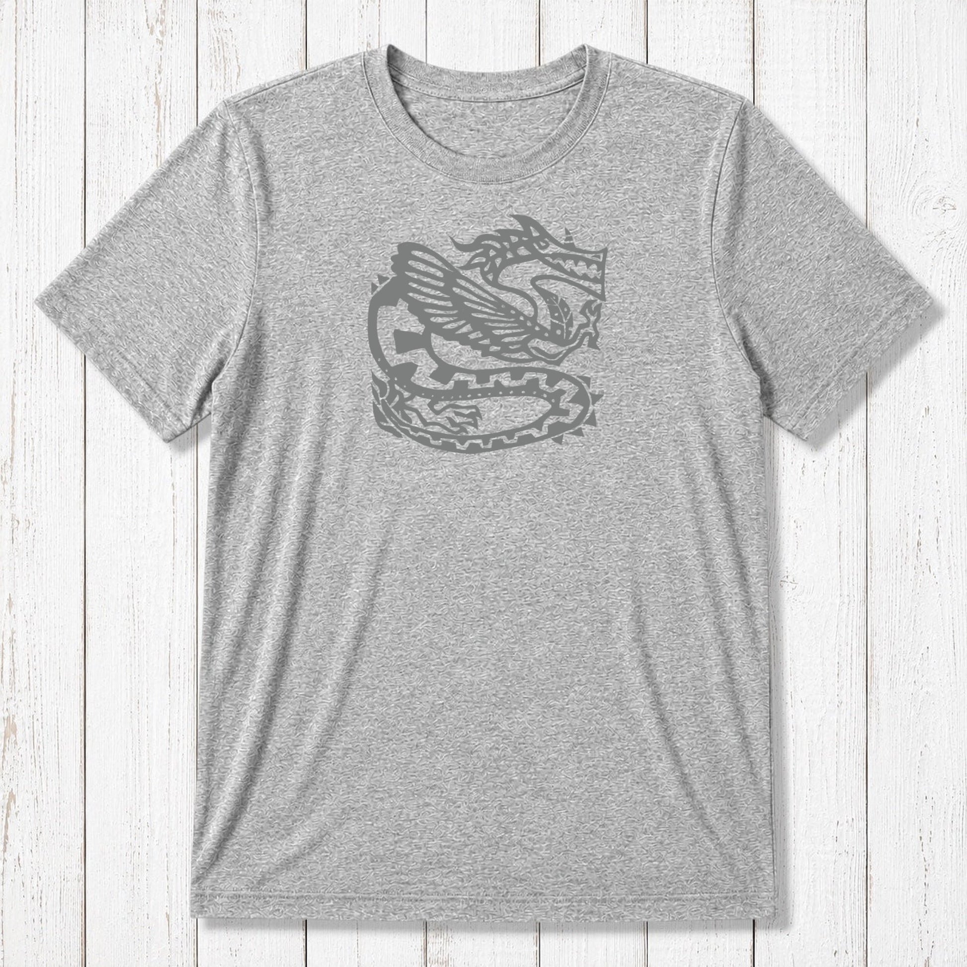 Heather gray Men's Dragon T-Shirt in Bamboo & Organic Cotton with black Ancient Dragon print, sustainable mythology art tee for men.