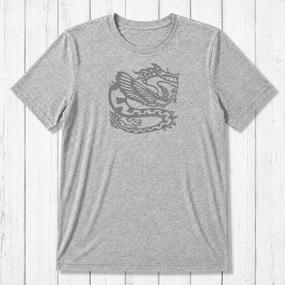 Heather gray Men's Dragon T-Shirt in Bamboo & Organic Cotton with black Ancient Dragon print, sustainable mythology art tee for men.