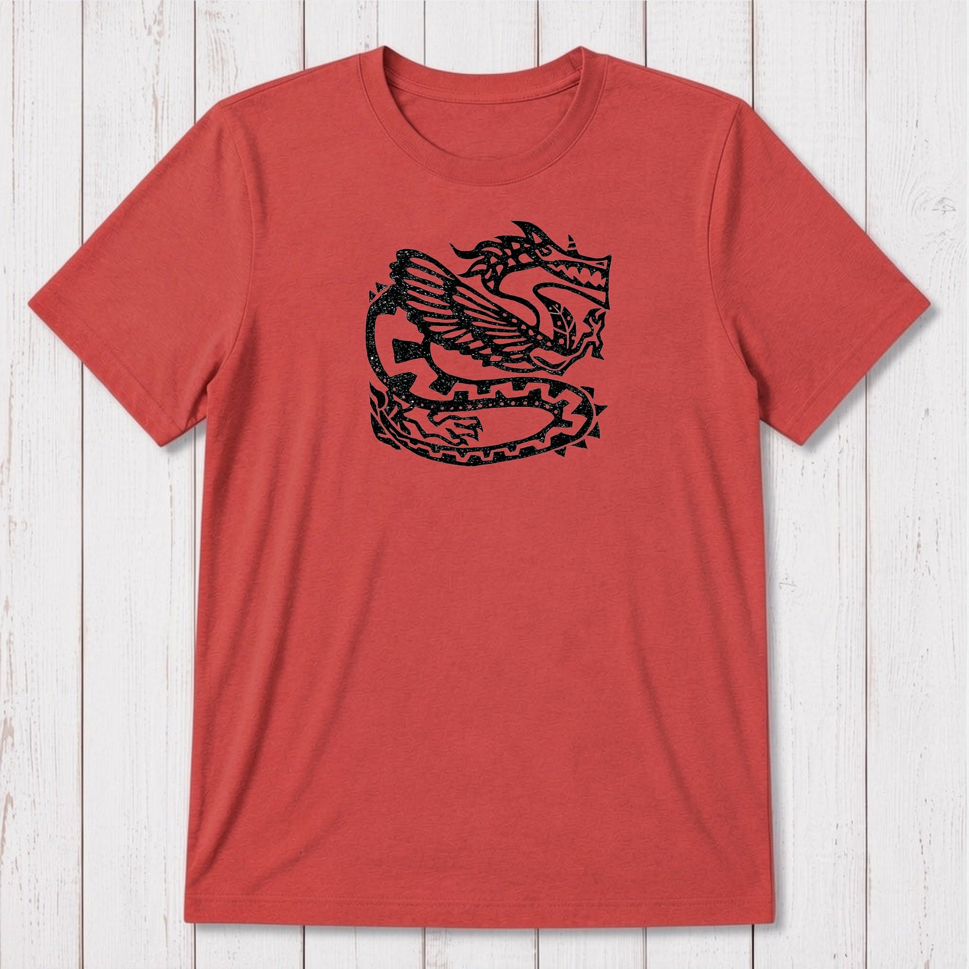 Red Men's Dragon T-Shirt in Bamboo & Organic Cotton with dark Ancient Dragon graphic, eco-conscious fantasy gift for him, classic fit.