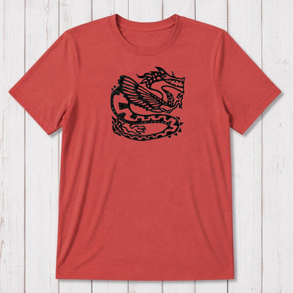 Red Men's Dragon T-Shirt in Bamboo & Organic Cotton with dark Ancient Dragon graphic, eco-conscious fantasy gift for him, classic fit.
