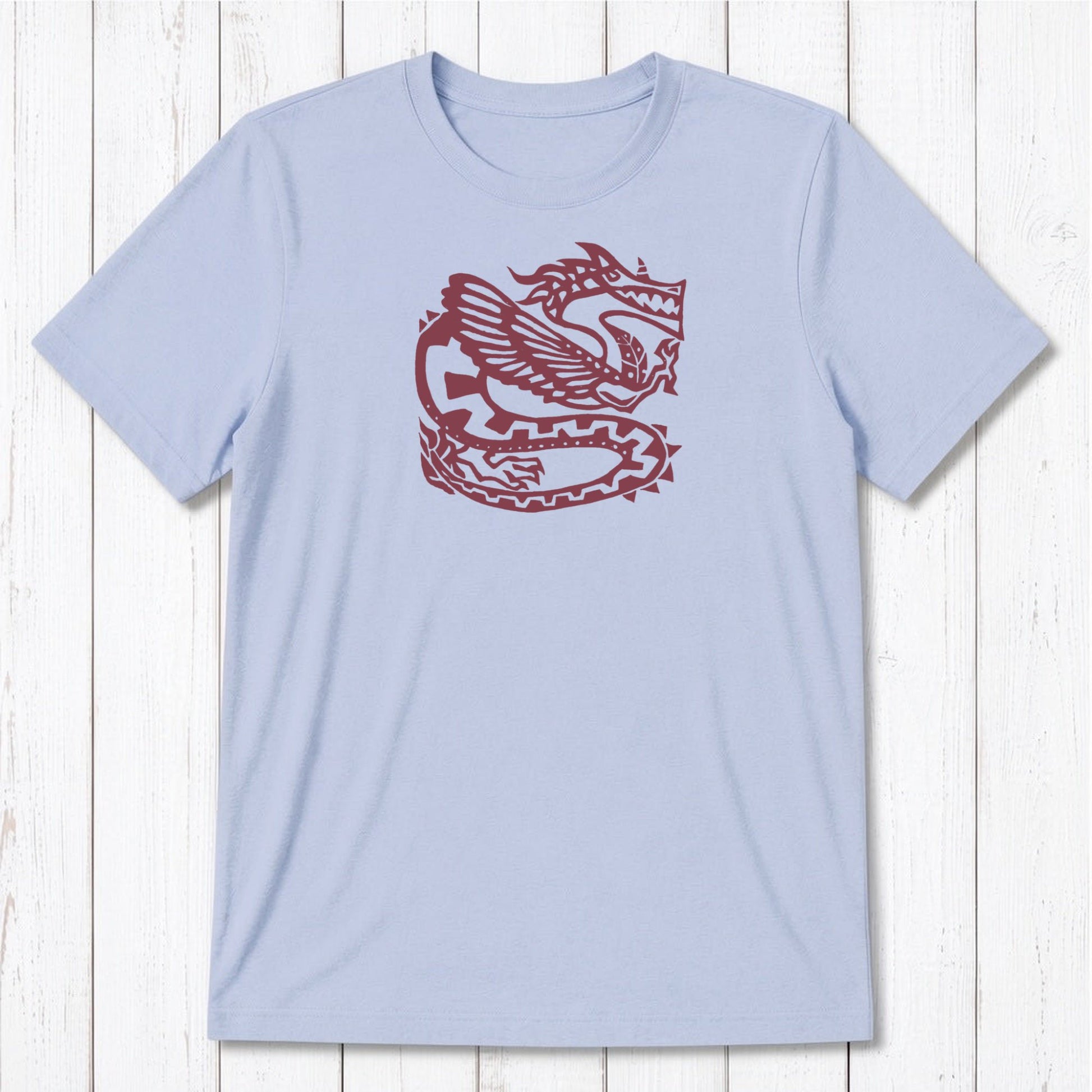 Light blue Men's Dragon T-Shirt in Bamboo & Organic Cotton with brown Ancient Dragon design, soft sustainable tee for fantasy art lovers.