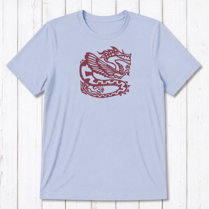 Light blue Men's Dragon T-Shirt in Bamboo & Organic Cotton with brown Ancient Dragon design, soft sustainable tee for fantasy art lovers.
