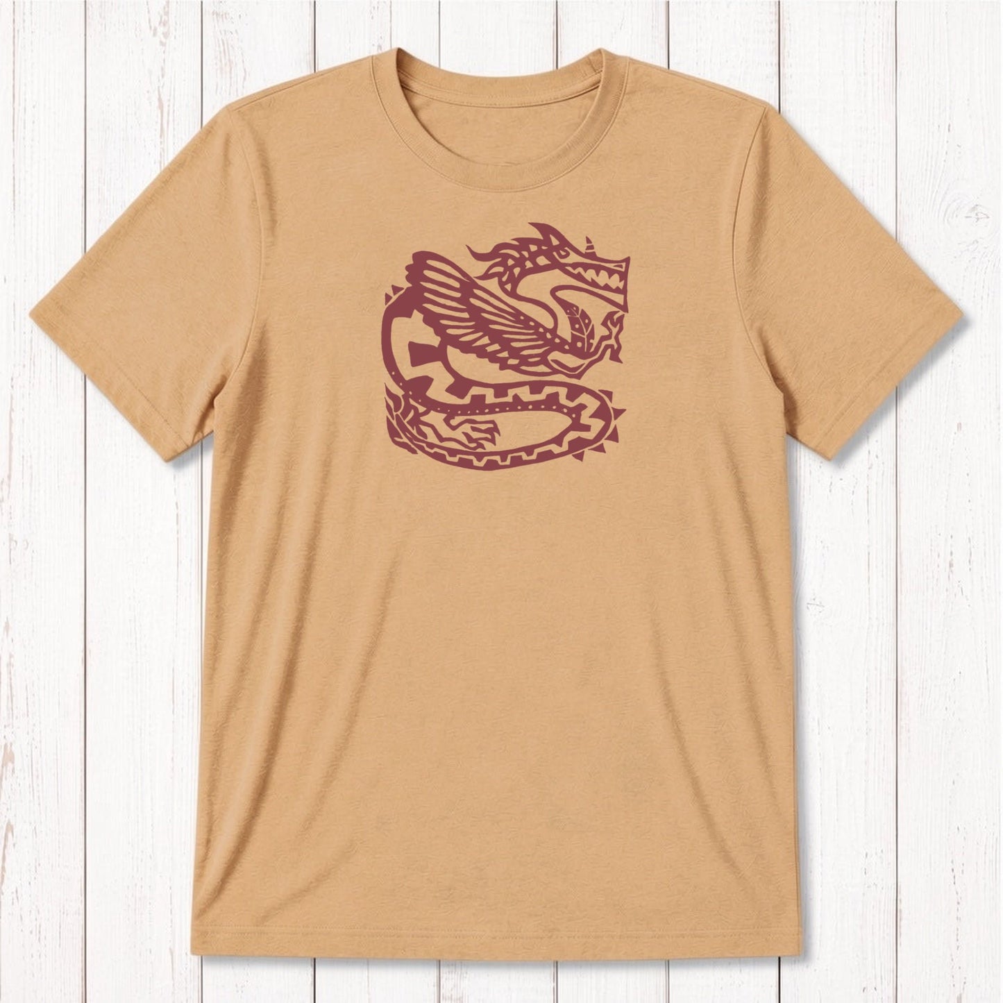 Golden tan Men's Dragon T-Shirt in Bamboo & Organic Cotton with brown Ancient Dragon graphic, eco-friendly mythology tee for men.