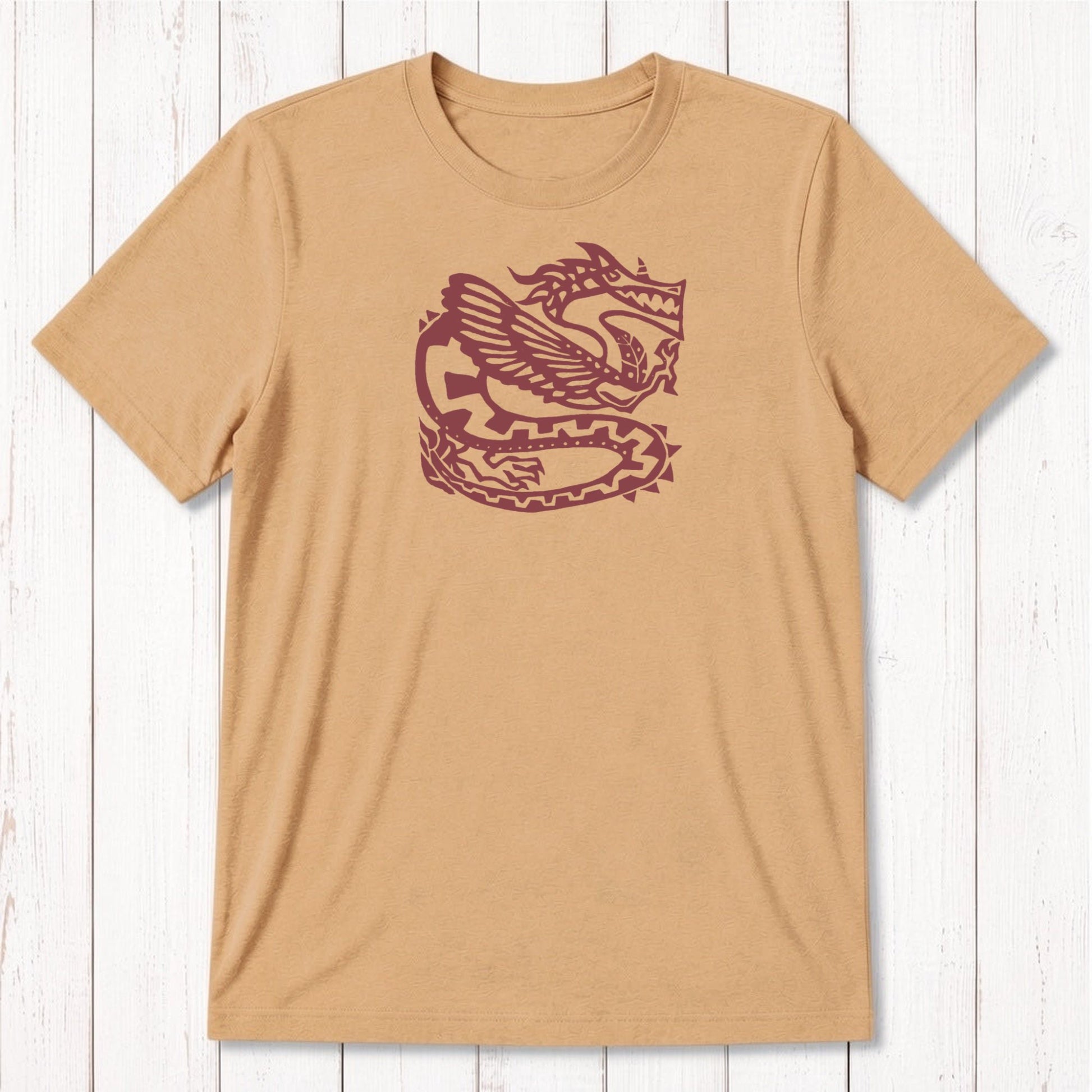 Golden tan Men's Dragon T-Shirt in Bamboo & Organic Cotton with brown Ancient Dragon graphic, eco-friendly mythology tee for men.