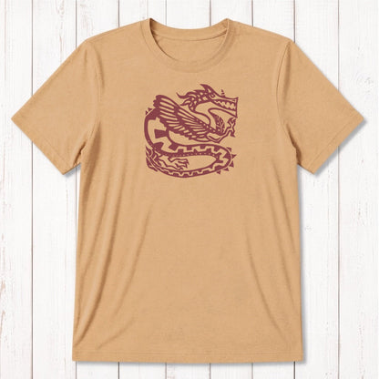 Golden tan Men's Dragon T-Shirt in Bamboo & Organic Cotton with brown Ancient Dragon graphic, eco-friendly mythology tee for men.
