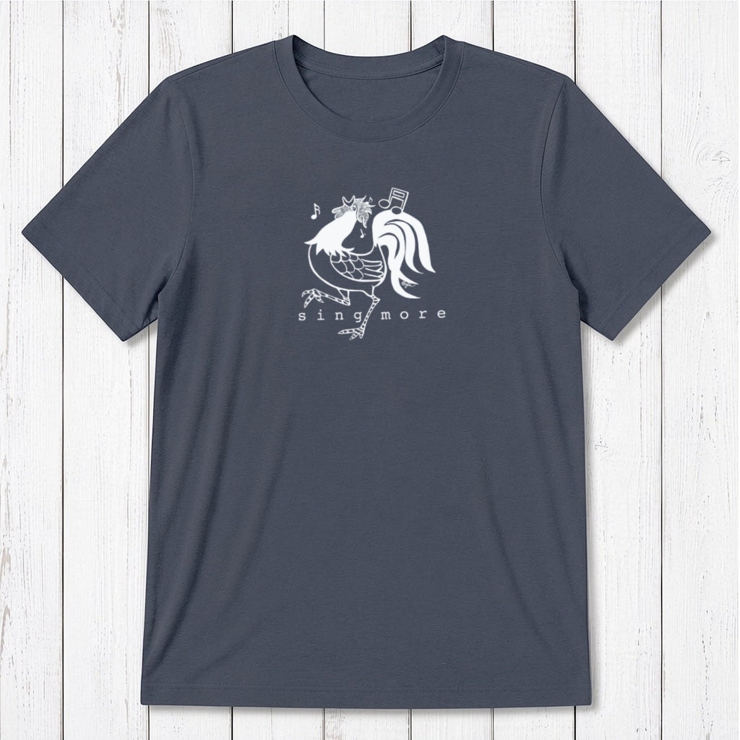 Navy blue men's rooster t-shirt with 'Sing More' text, crafted from bamboo and organic cotton, classic fit funny farm animal design.