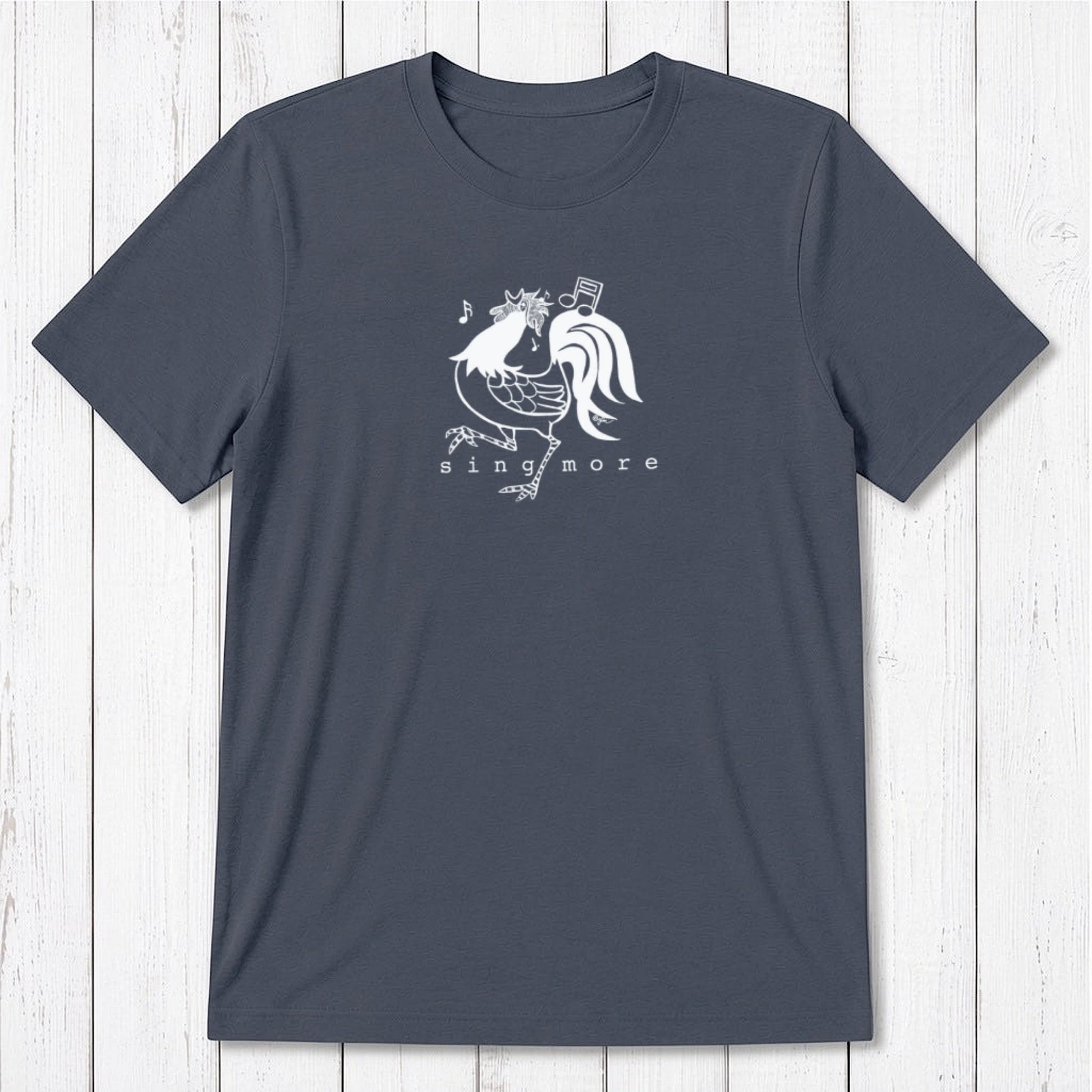 Navy blue men's rooster t-shirt with 'Sing More' text, crafted from bamboo and organic cotton, classic fit funny farm animal design.