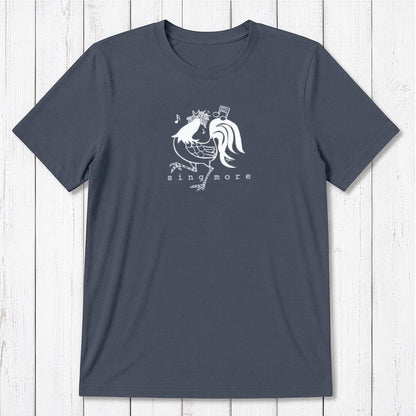 Navy blue men's rooster t-shirt with 'Sing More' text, crafted from bamboo and organic cotton, classic fit funny farm animal design.