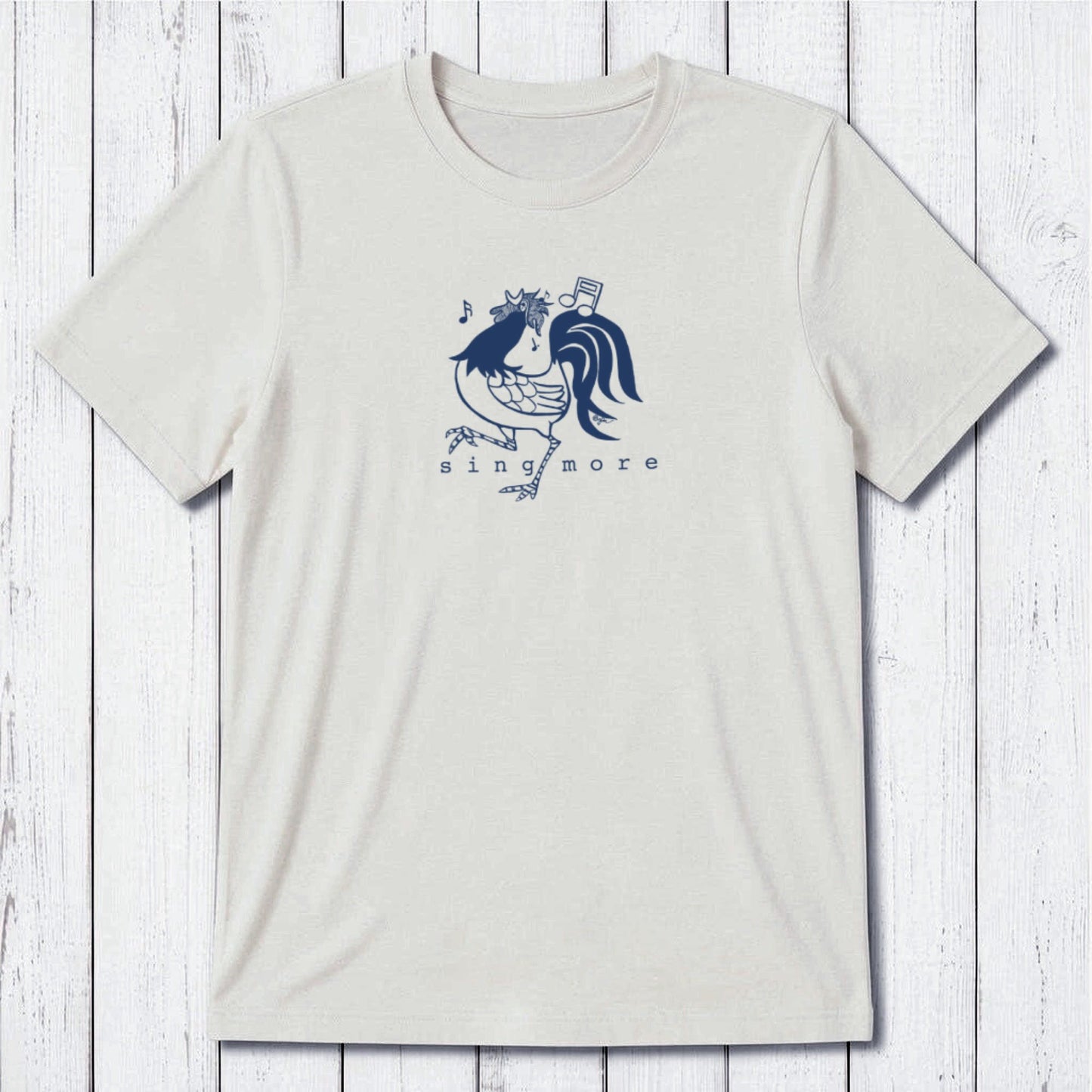 White bamboo and organic cotton men's t-shirt with black rooster and 'Sing More' text, ideal gift for early risers.