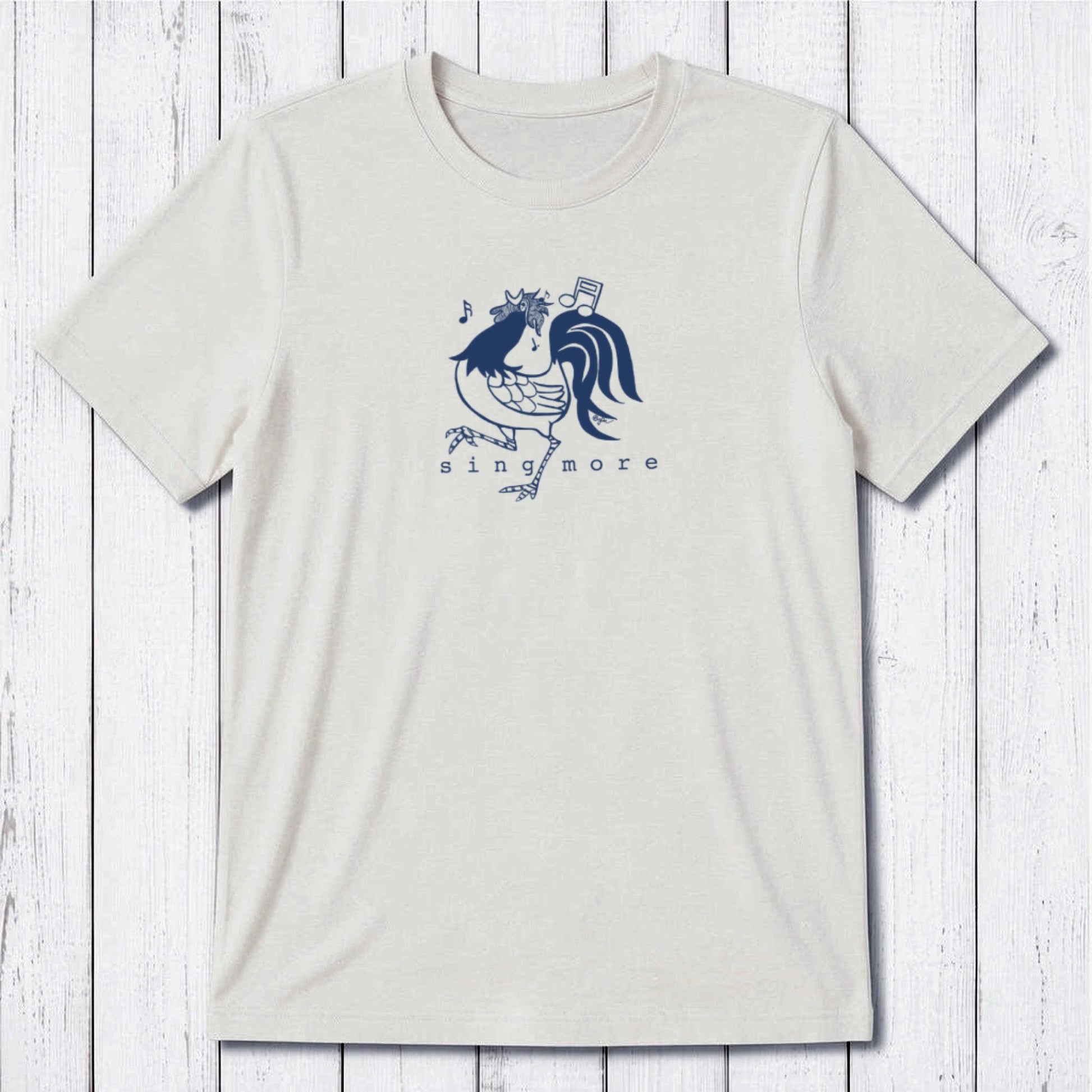 White bamboo and organic cotton men's t-shirt with black rooster and 'Sing More' text, ideal gift for early risers.
